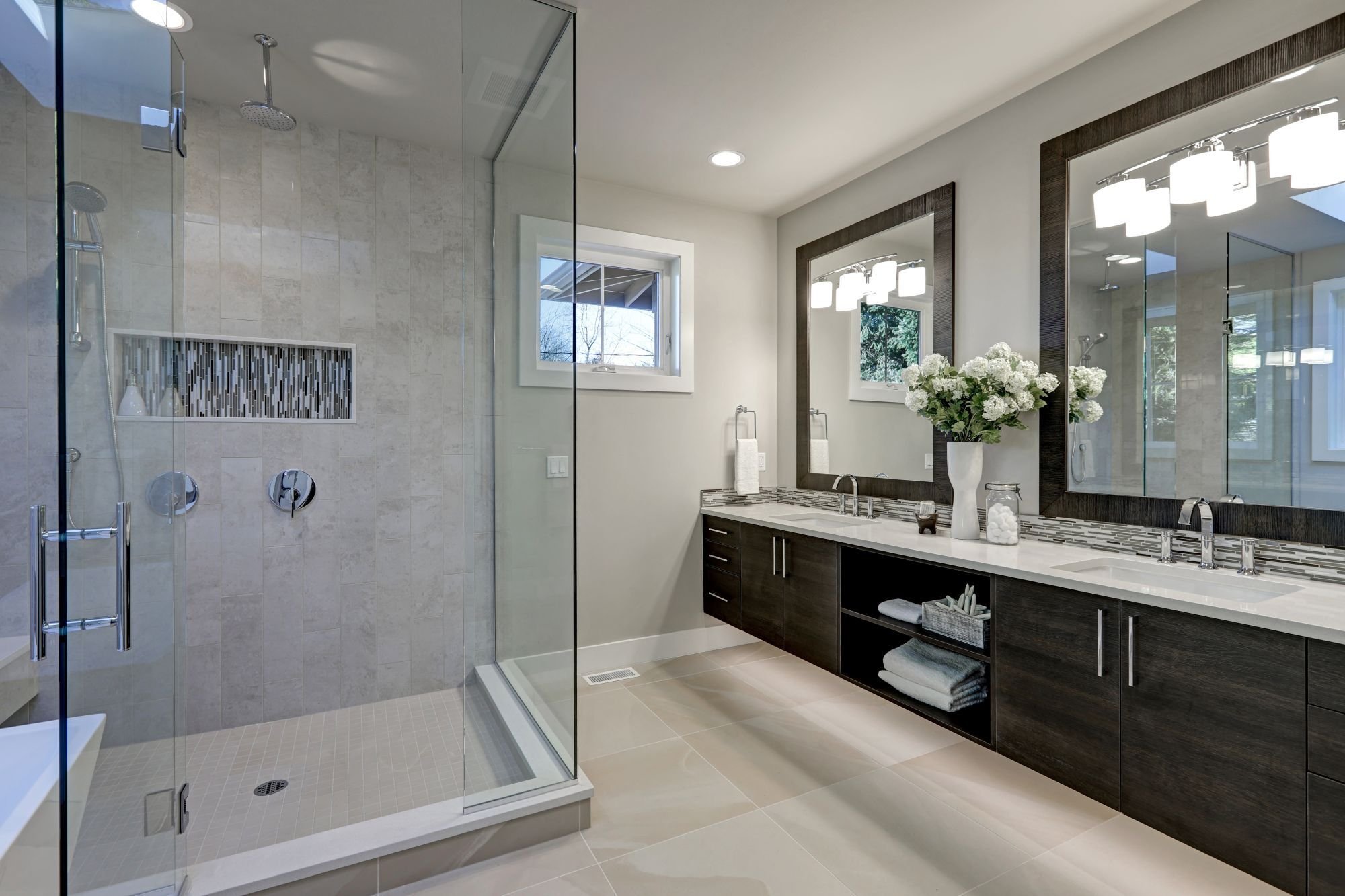 Stock Image of a Remodeled Bathroom with Large Glass Shower