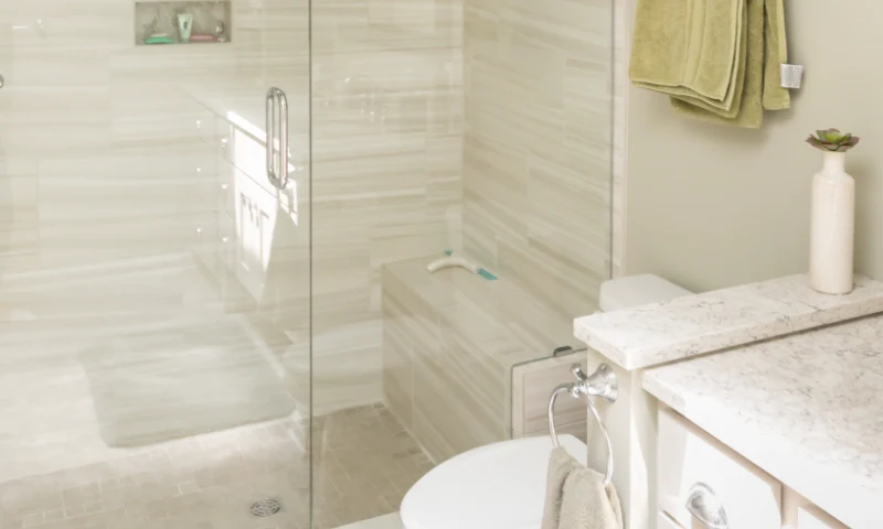 A modern bathroom in West Michigan, with a glass shower enclosure, white toilet, marble countertop, and folded green towels, adds a refresh to the space, while a small potted plant on the counter brings in a touch of nature.