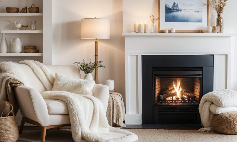 A cozy living room in West Michigan, with a lit fireplace, an armchair draped in white and beige blankets, a floor lamp, shelves with decor, and candles on the mantel, offers a warm refresh to your space.
