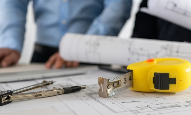 Close-up of architectural blueprints on a table with a tape measure, compass, and two people in the background reviewing plans for a potential refresh.