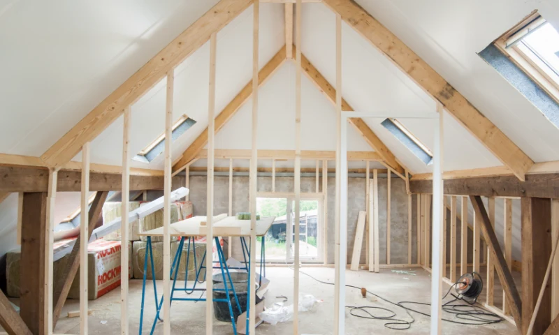 An unfinished attic renovation in West Michigan, with exposed wooden framing, insulation, tools, and skylight windows—this bright space offers the perfect opportunity to refresh your home.