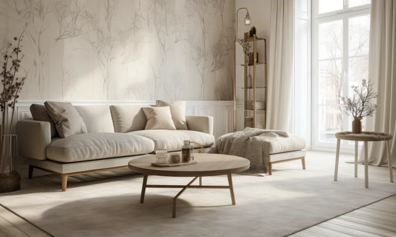 A modern living room in West Michigan, with a light-colored sofa, round coffee table, side table with a vase, floor lamp, and large windows with sheer curtains letting in natural light for a fresh, refreshing atmosphere.