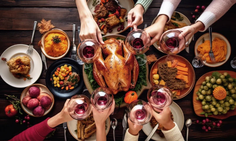 A group of people raises glasses of red wine around a table set with a roast turkey, side dishes, and autumn-themed decorations, celebrating together as they refresh old friendships and create new memories.