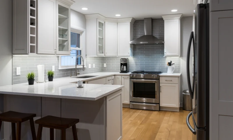 A modern kitchen in Rockford, MI, with white cabinets, stainless steel appliances, gray subway tile backsplash, and light wood flooring. Two wooden stools at the island and small plants on the counter refresh the space with natural charm.