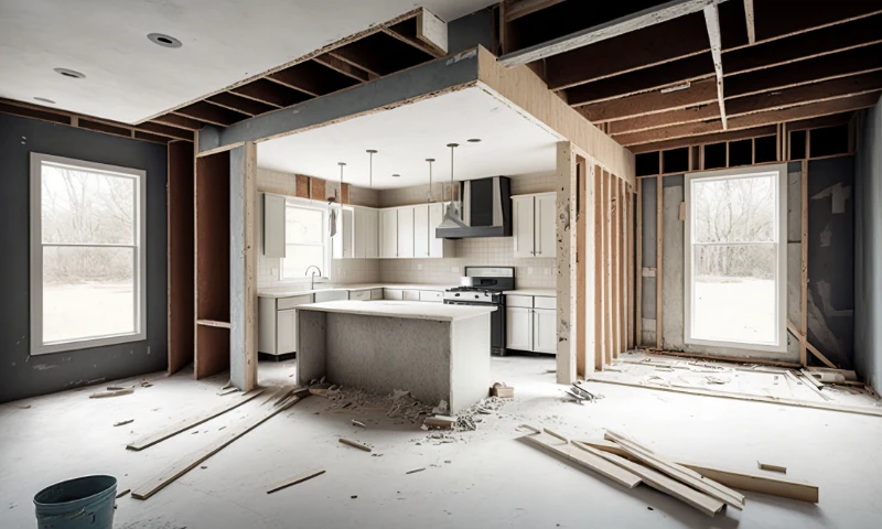 A partially renovated kitchen in West Michigan features a modern central island amid exposed framing and unfinished walls, offering a unique opportunity to refresh the space with your personal touch. Construction materials are scattered across the floor.