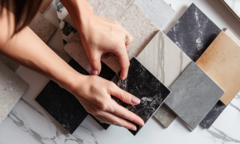 Hands arranging various stone and tile samples of different colors and patterns on a surface, exploring options to refresh any space.