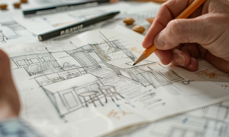 A hand sketches architectural plans with a pencil on tracing paper, surrounded by pens, notes, and cookies on the table—a creative space where ideas refresh and take shape.