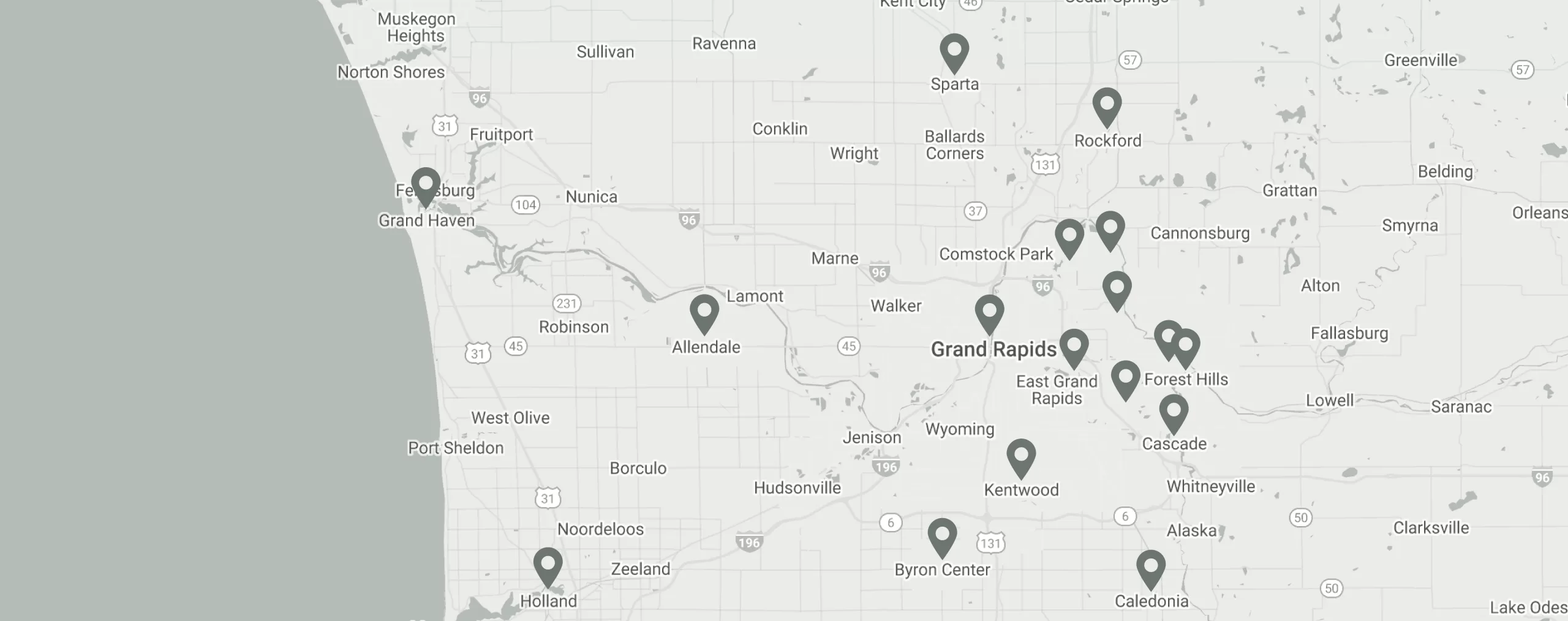 Stylized map of Ridgewood Home Construction's service areas, including Grand Rapids, MI and surrounding cities.