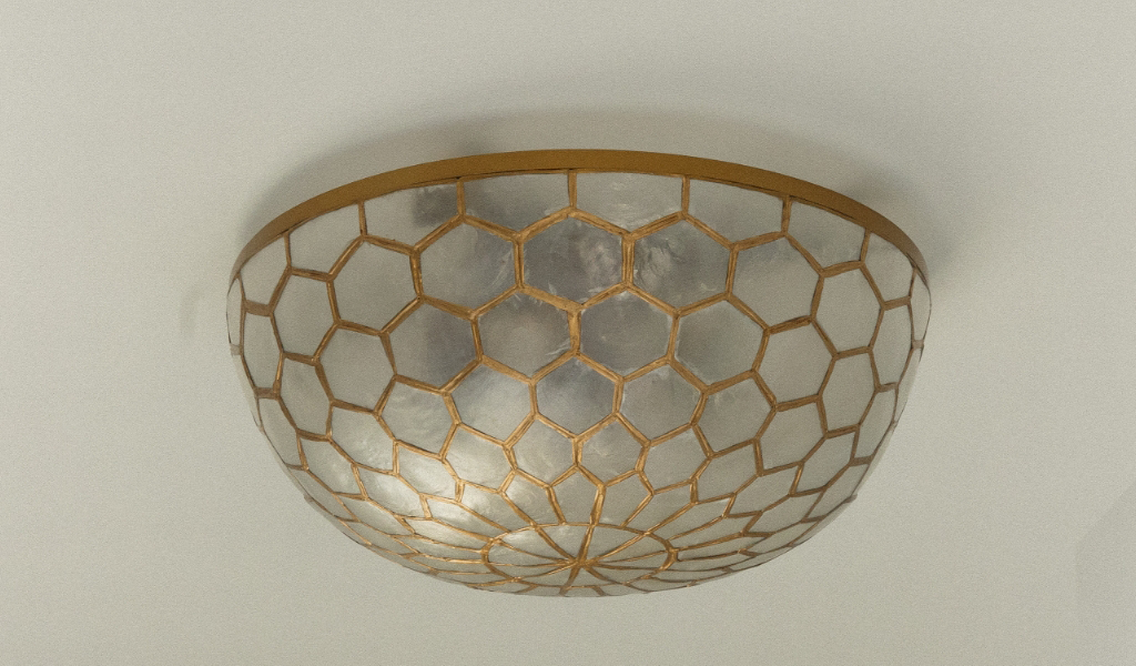 Satkoski – 28 A ceiling light fixture with a dome-shaped glass cover features a gold honeycomb pattern—an elegant touch often included in Byron Center Whole Home Remodel designs.