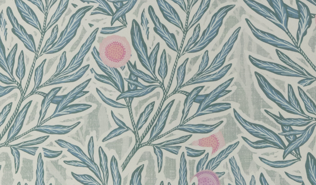 Patterned wallpaper with blue-green leafy branches and a few round pink flowers on a light background—perfect for adding charm to your Byron Center Whole Home Remodel.