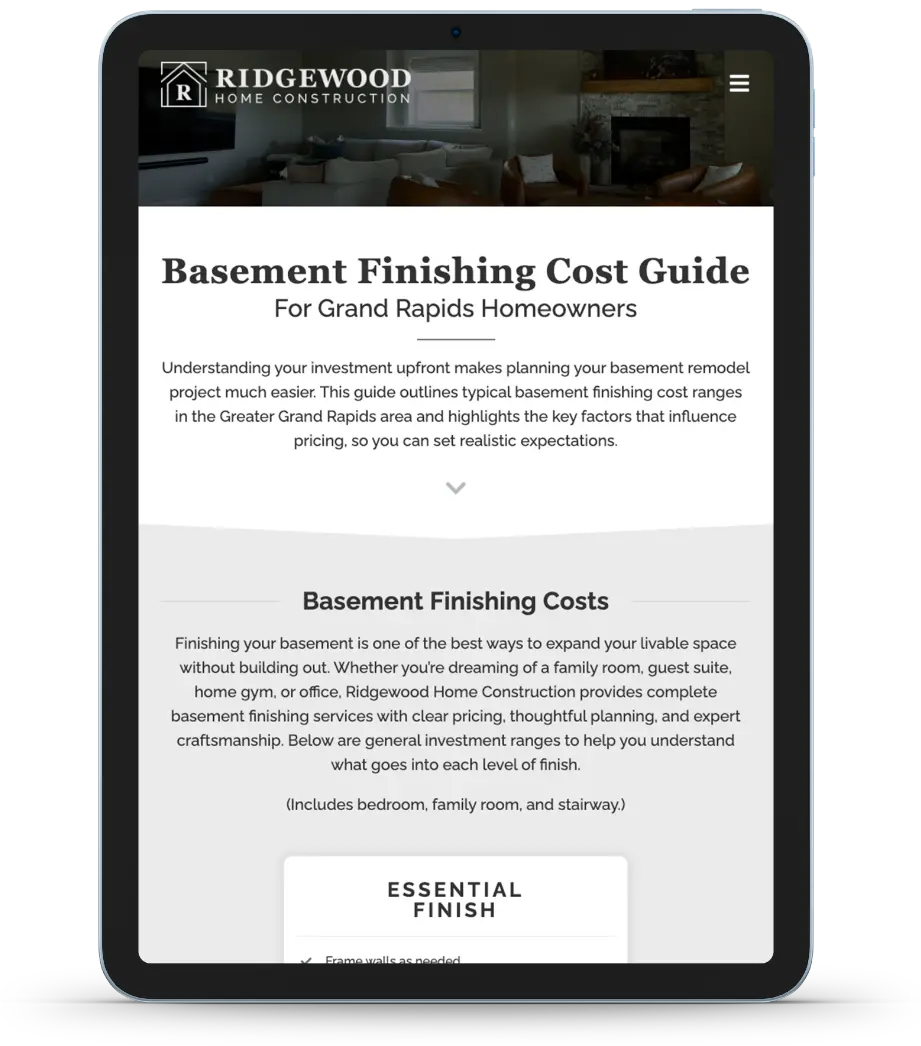 Tablet displaying a webpage titled “Basement Finishing Cost Guide” by Ridgewood Home Construction, providing information for Grand Rapids homeowners on basement finishing costs and considerations.