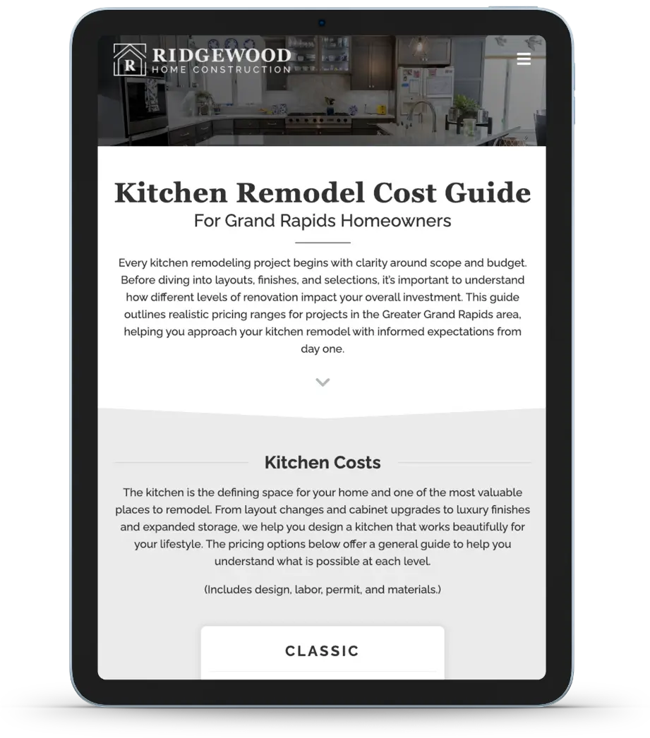 A tablet displays the "Kitchen Remodel Cost Guide" from Ridgewood Home Construction for Grand Rapids homeowners, detailing kitchen costs and project planning information.
